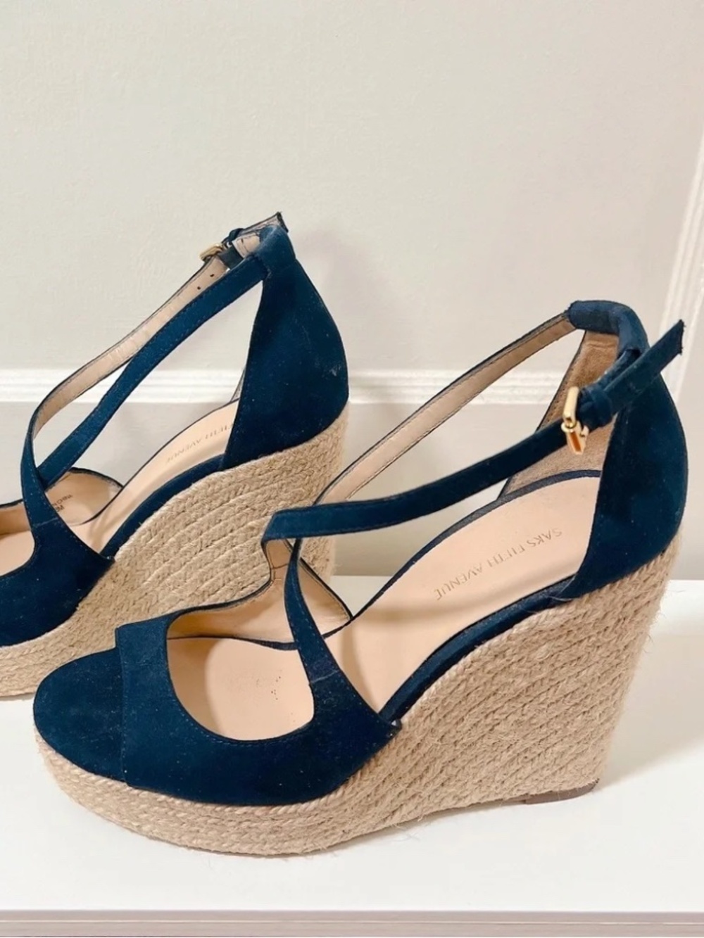 Navy Saks Fifth Ave Suede Espadrille Strappy Wedge with Box